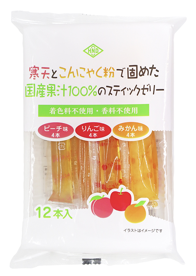 寒天とこんにゃく粉で固めた国産果汁100%のスティックゼリー