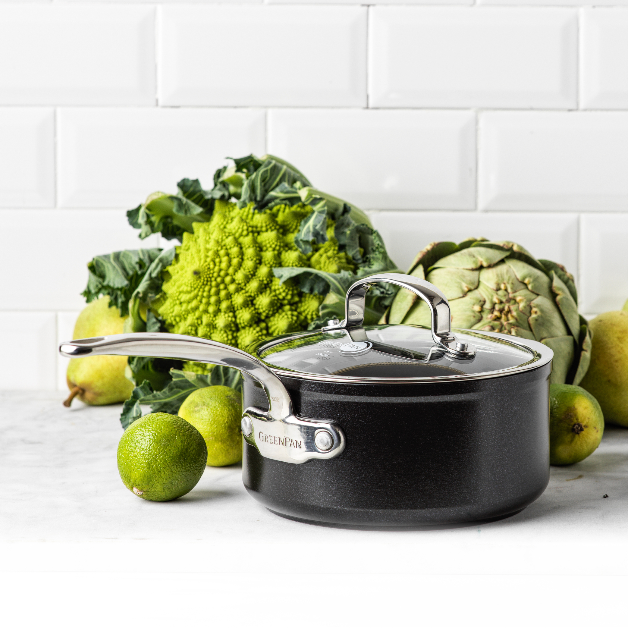 【リマ特選直送品】　ゼンケン　グリーンパン　バルセロナプロ　ソースパン　18cm（ガラス蓋付）